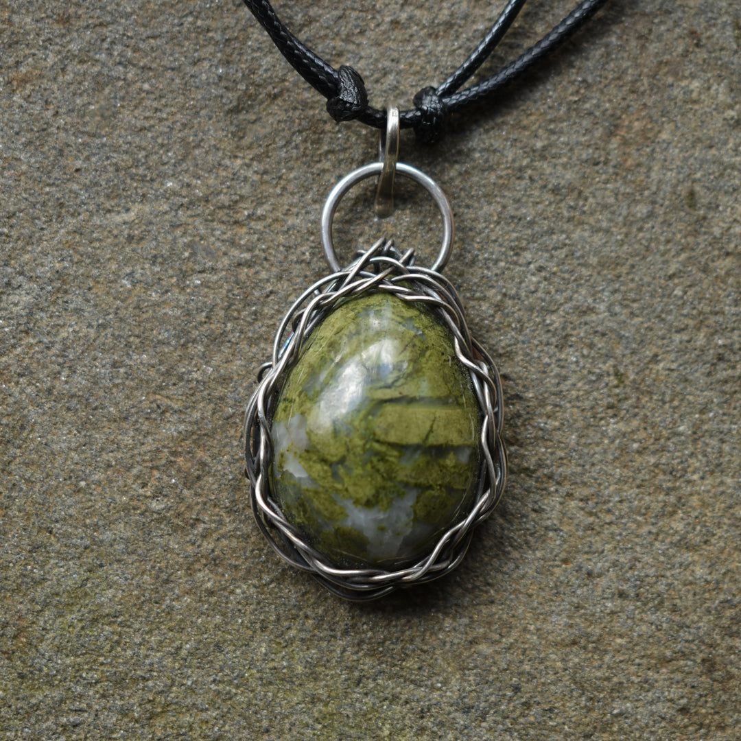 Wire wrapped Epidote and sterling silver pendant necklace