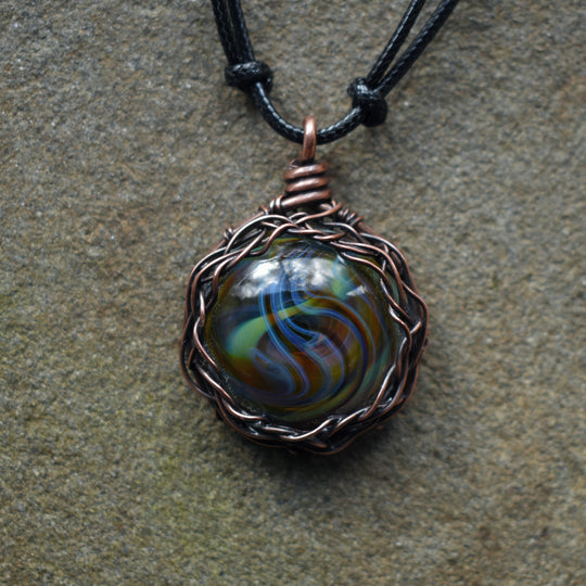 Handmade glass pendant necklace wire wrapped in copper