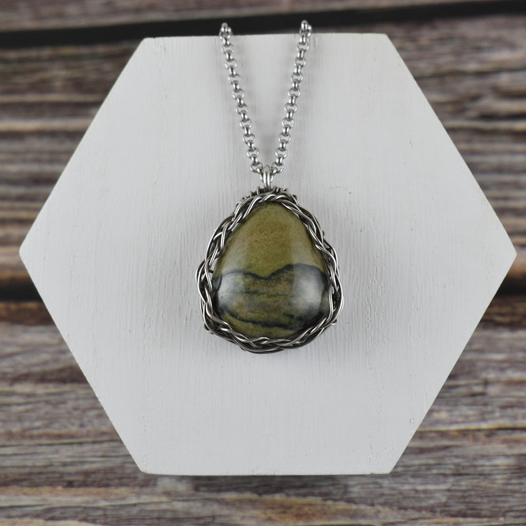 Wire Wrapped green picture Jasper Sterling silver pendant neckalce