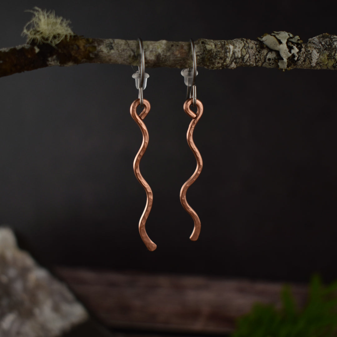 Simple hammered copper dangle earrings with hypoallergenic hooks