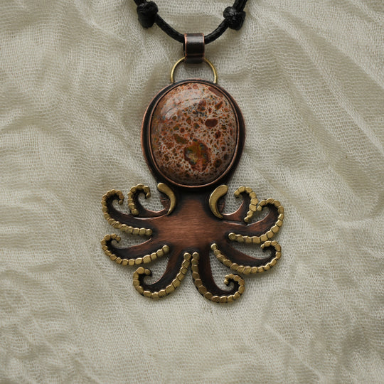 Handmade Jasper octopus necklace in mixed metal