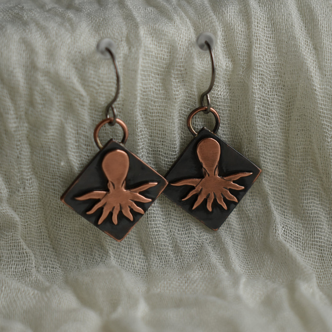 handmade octopus earrings in copper with hypoallergenic hooks
