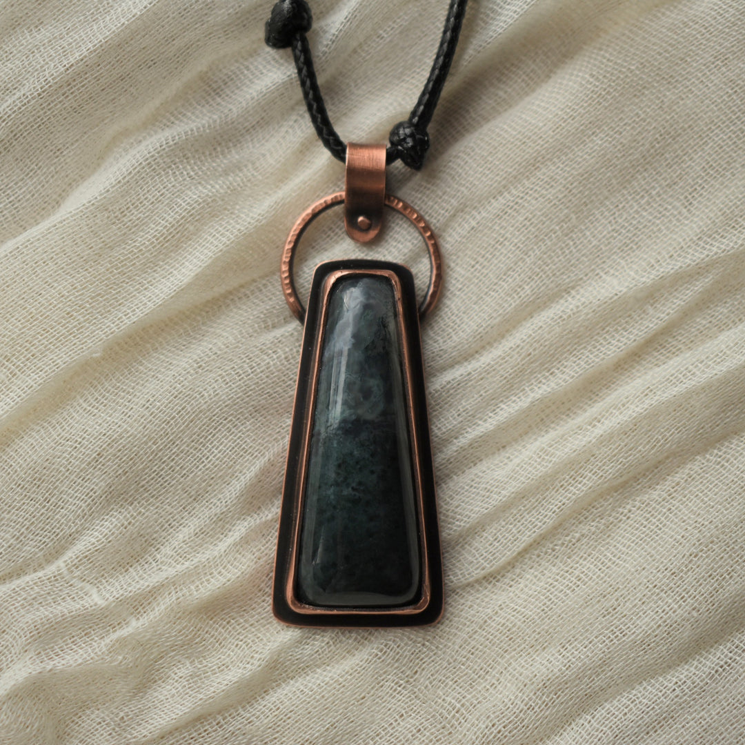 Handmade Oregon Moss Agate necklace in copper with an adjustable cord