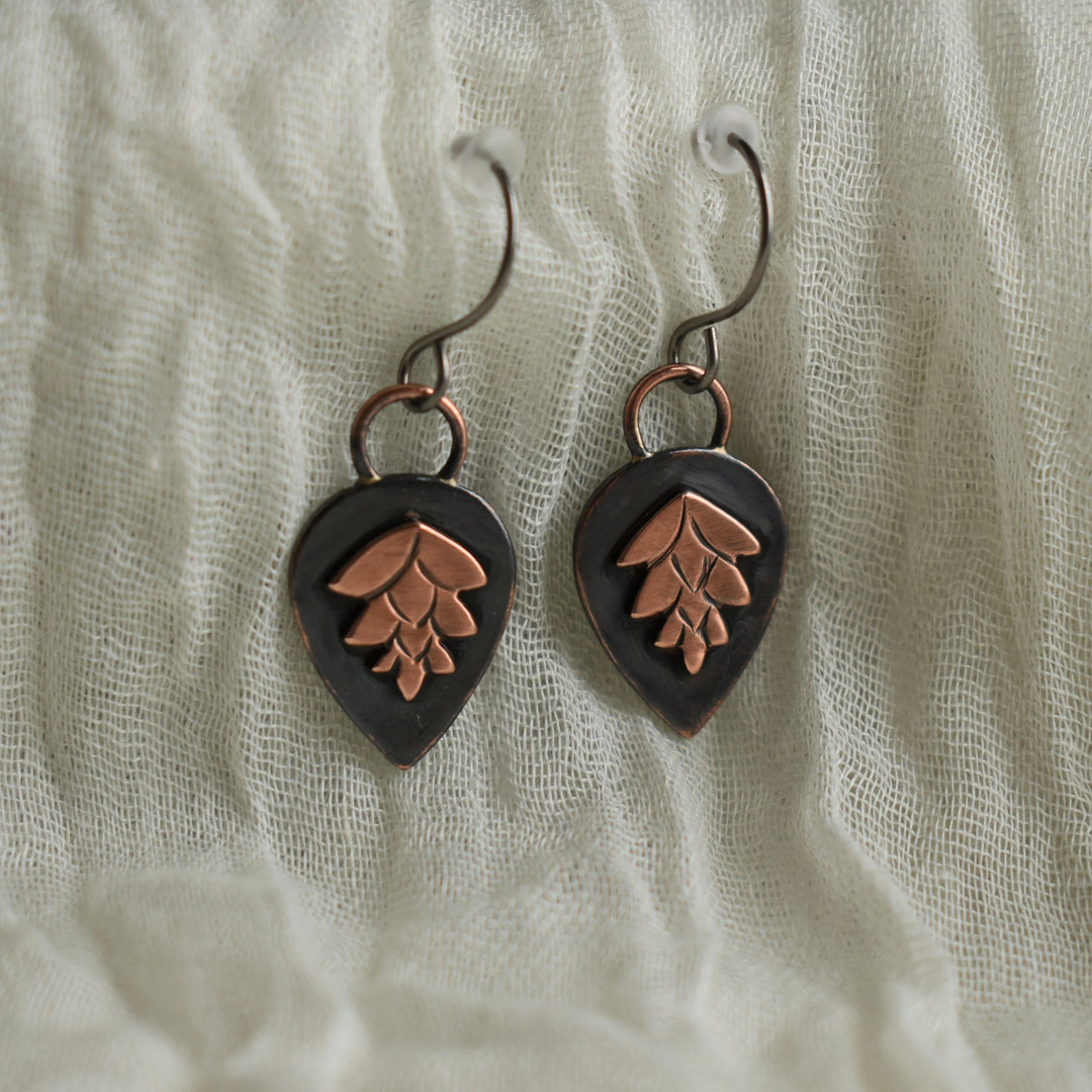 handmade pine cone earrings in copper with hypoallergenic hooks
