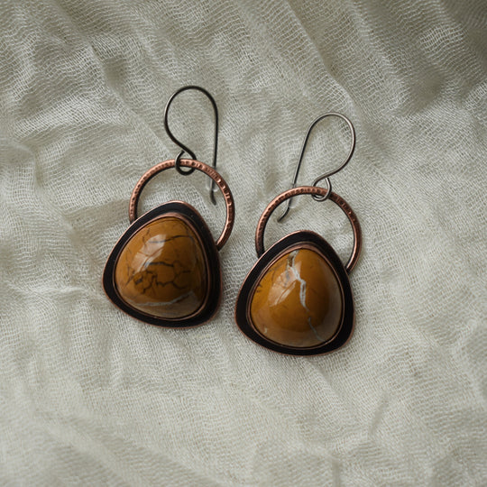 Handmade Washington State yellow jasper earrings in copper with hypoallergenic hooks