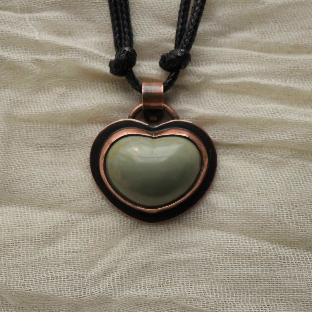 metalsmith heart pendant handmade with sage green jasper and copper