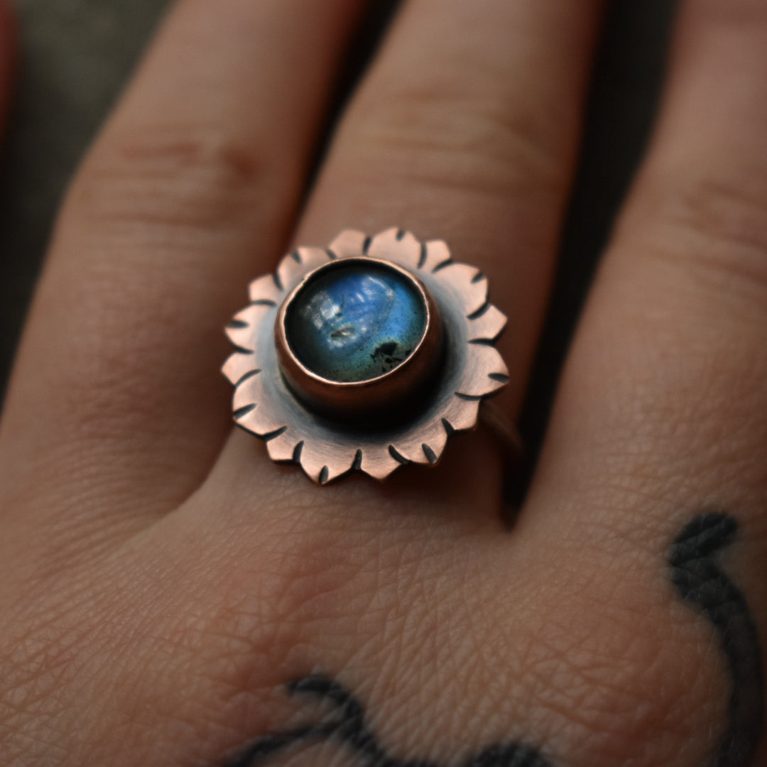 labradorite flower copper ring with a sterling silver band