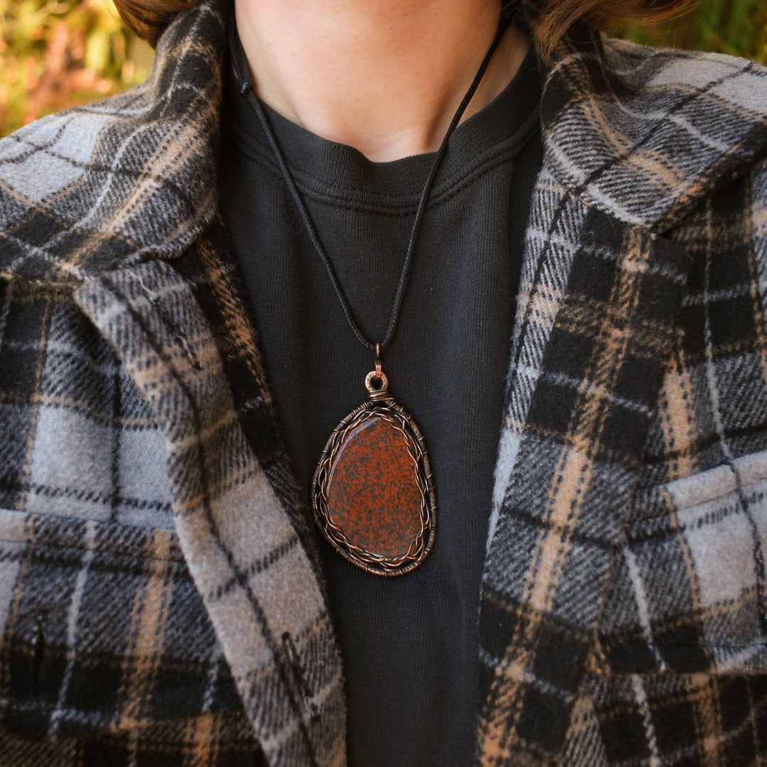 large pendant necklace made with copper and red jasper
