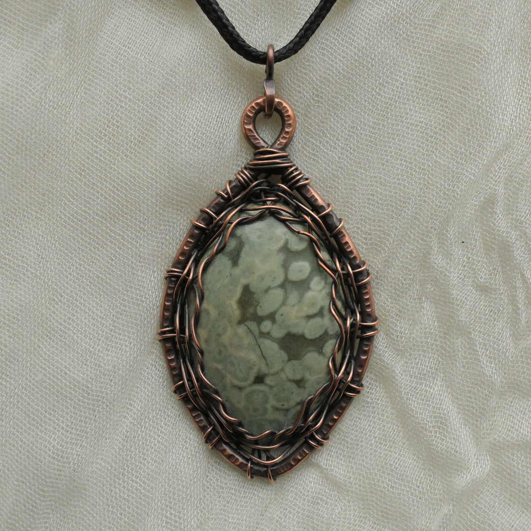 unique larage wire wrapped variolite copper pendant