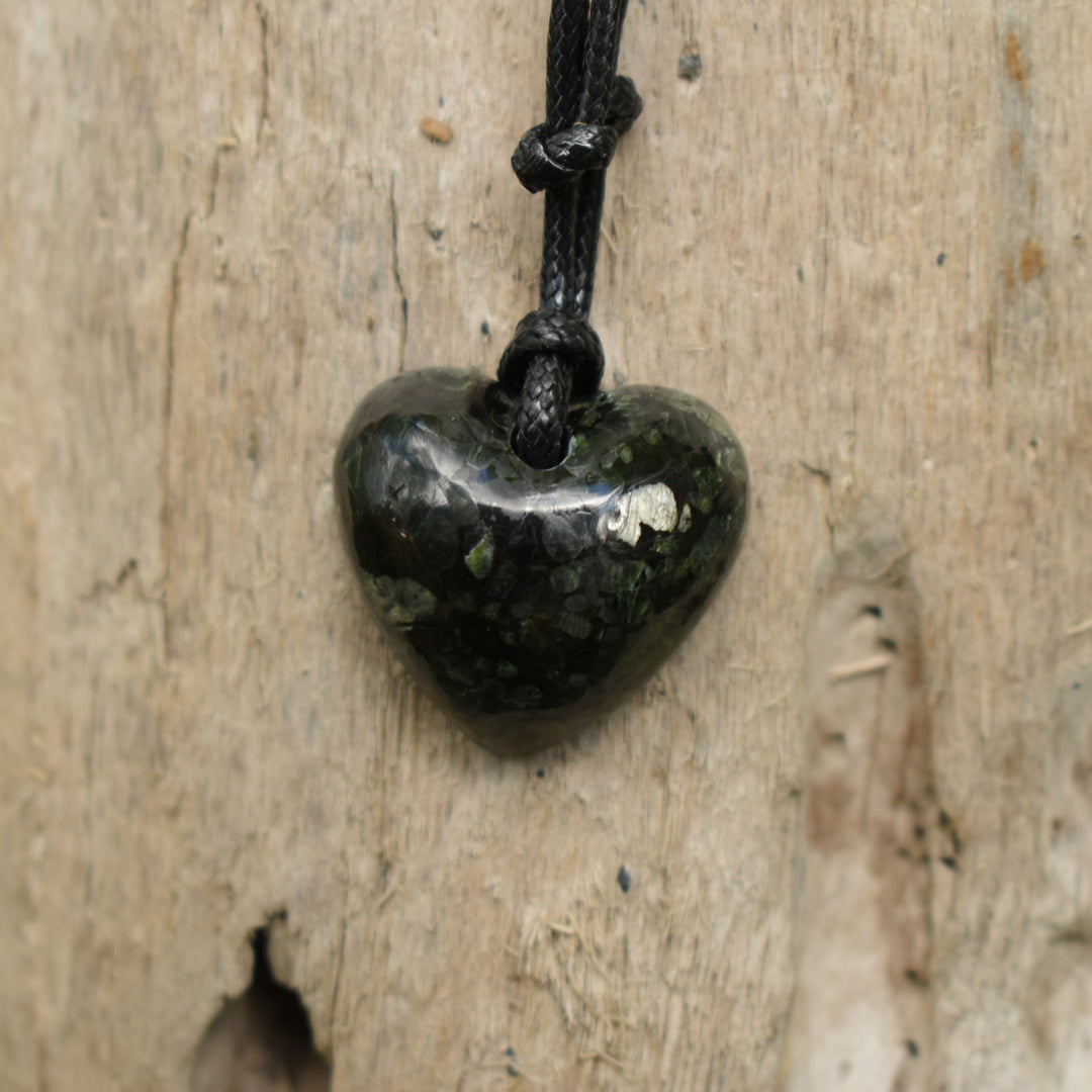 Black Lavikite Heart pendant necklace on adjustable cord