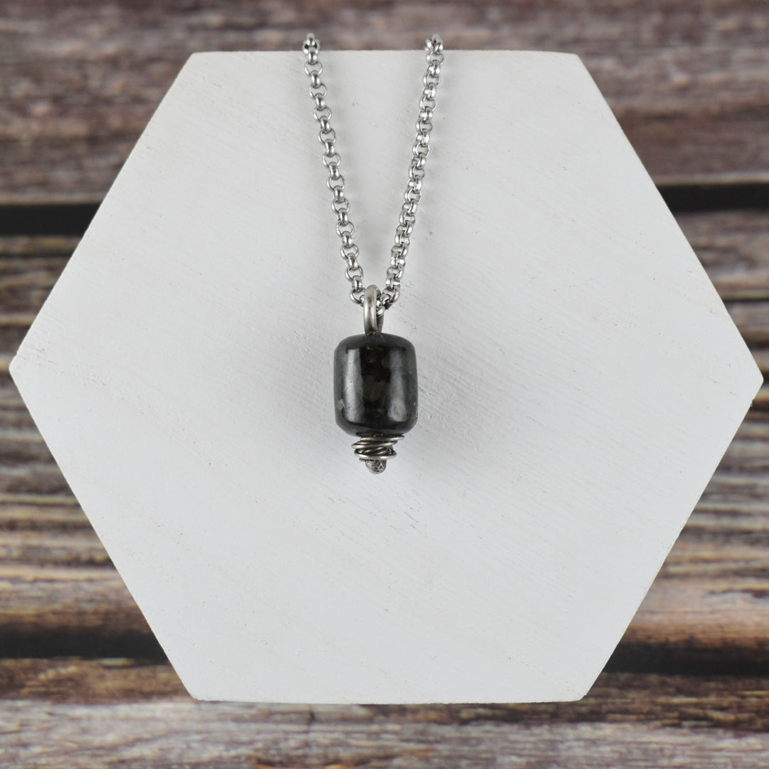Dainty Larvikite and Sterling Silver pendant necklace