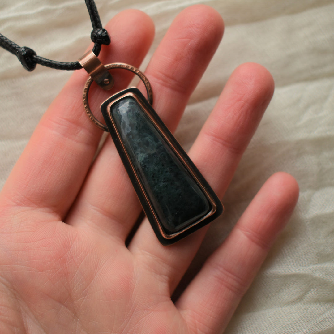 mens pendant necklace handcrafted with moss agate and copper