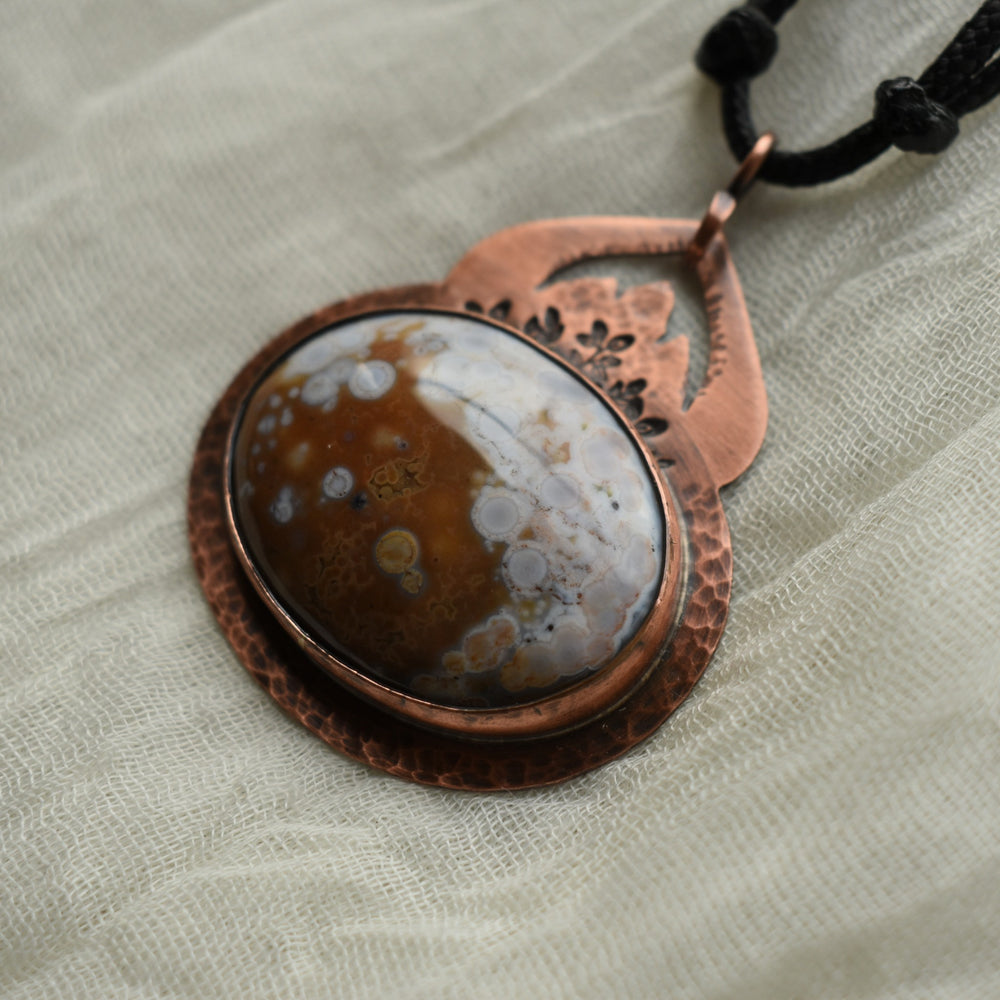 handmade metalsmith copper pendant necklace with ocean jasper