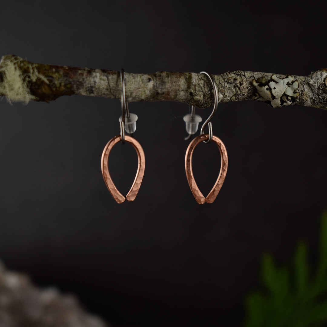 Minimalist hammered copper dangle earrings on hypoallergenic hooks