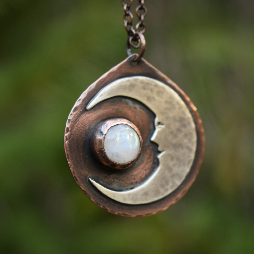 moonstone and moon mixed metal pendant necklace