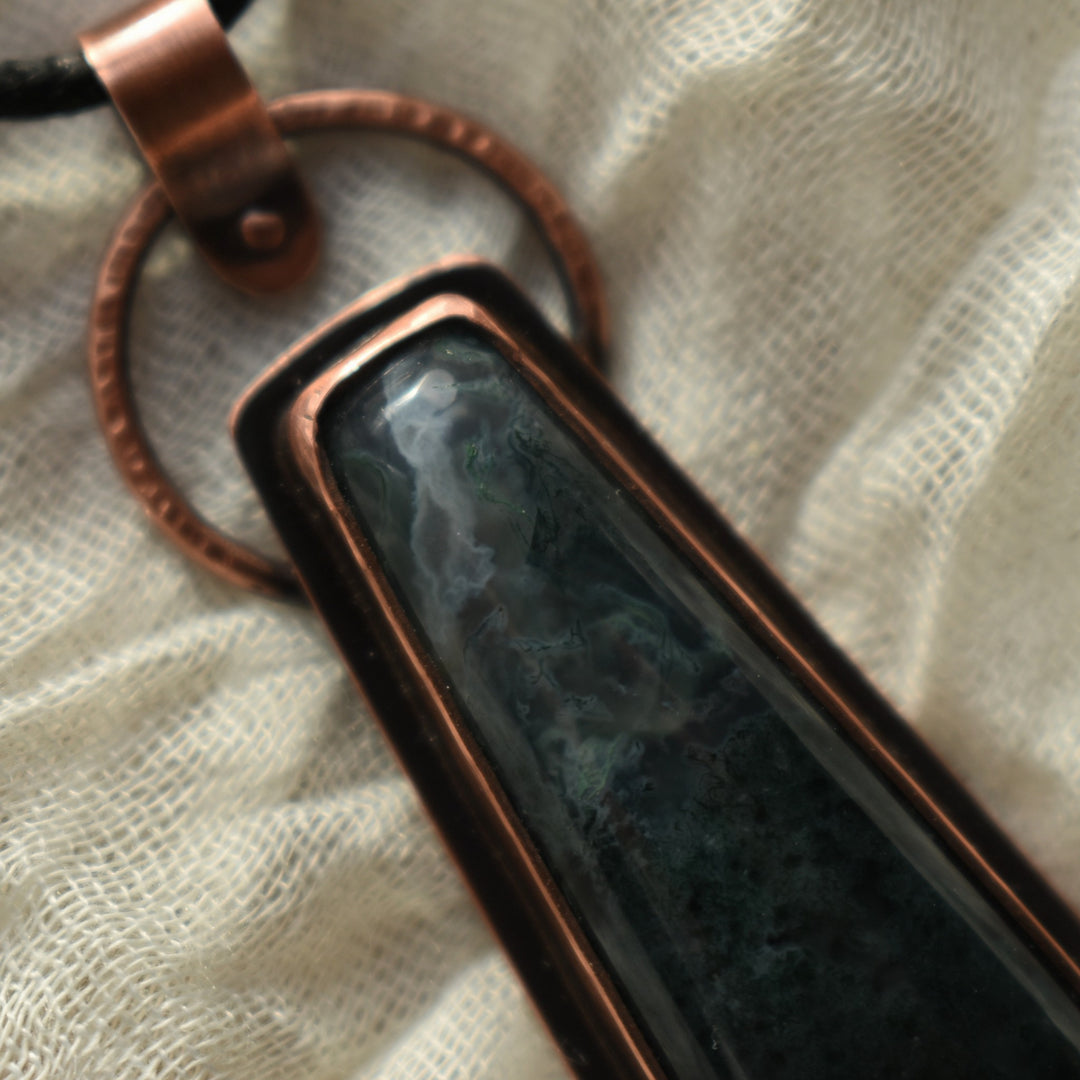 statement pendant necklace handcrafted with moss agate and pure copper