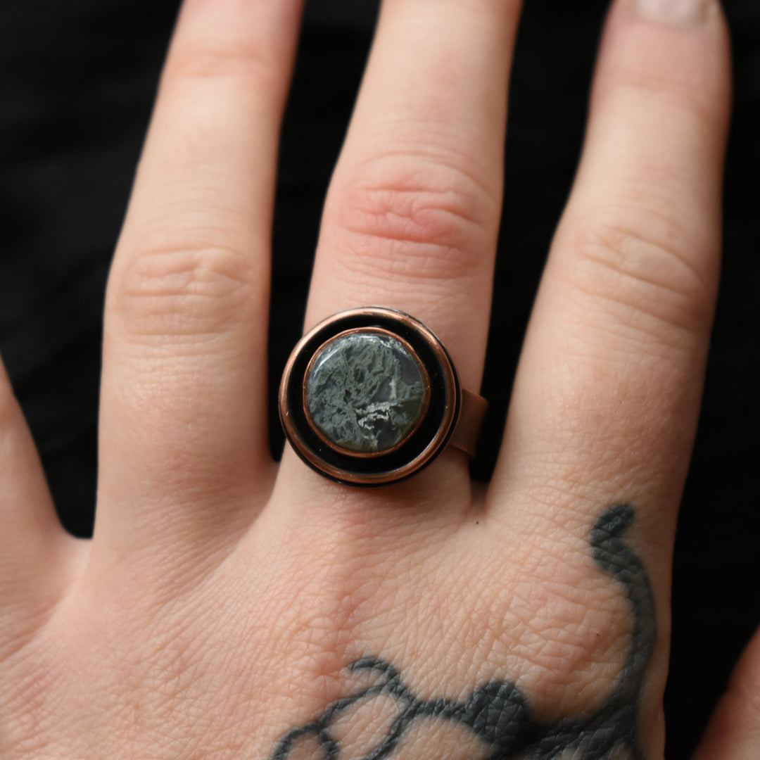 copper ring made with ochoco moss agate from oregon