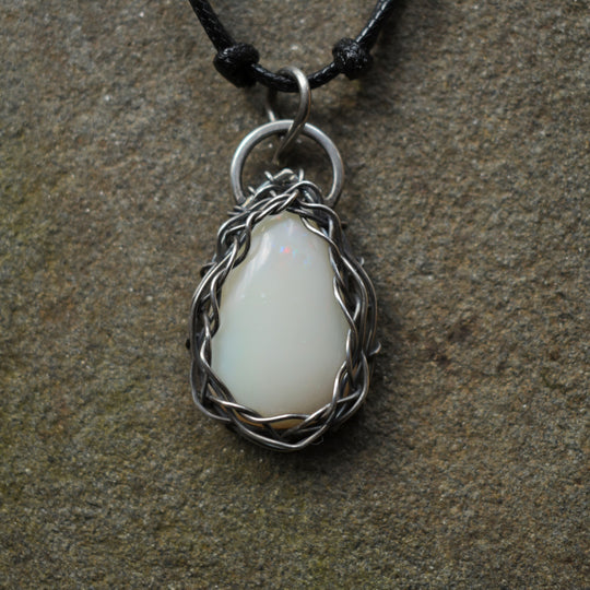 White Opal pendant necklace wire wrapped in sterling silver