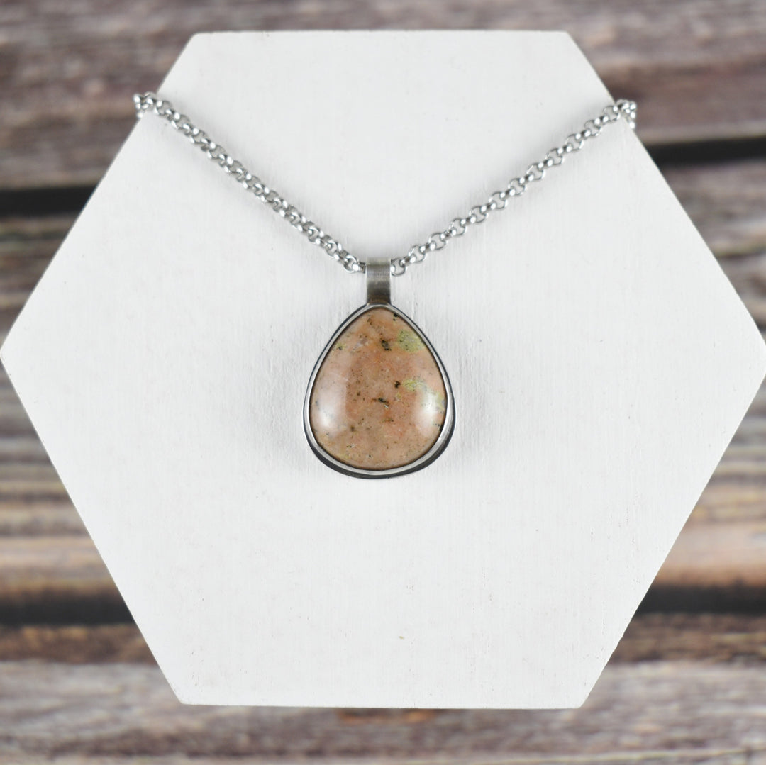 Orange calcite and epidote pendant necklace in Sterling silver