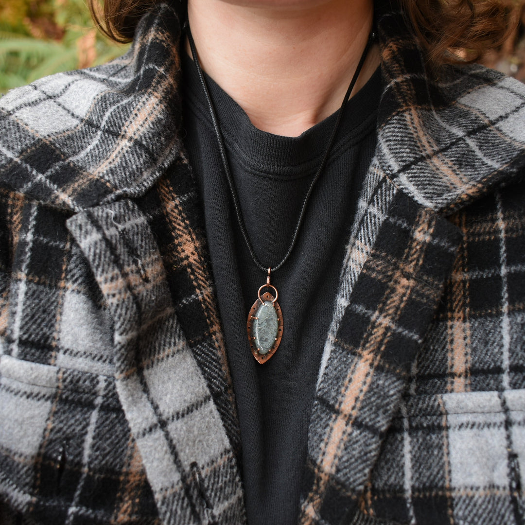 pendant necklace made with Oregon moss agate and copper