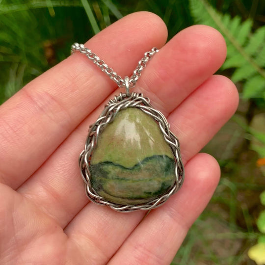 Green Picture Jasper Necklace - Wire Wrapped in Sterling Silver with Custom Chain