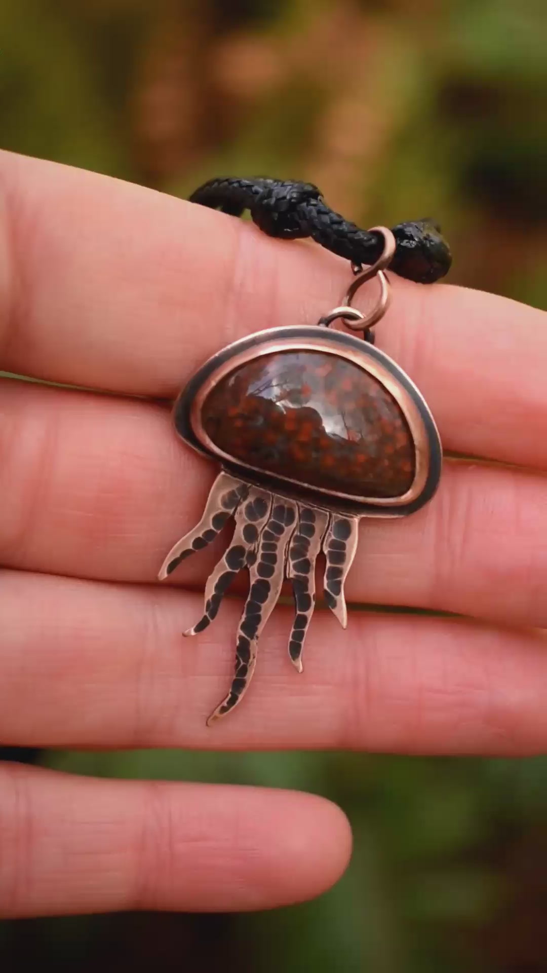 jellyfish pendant necklace made with red jasper and copper