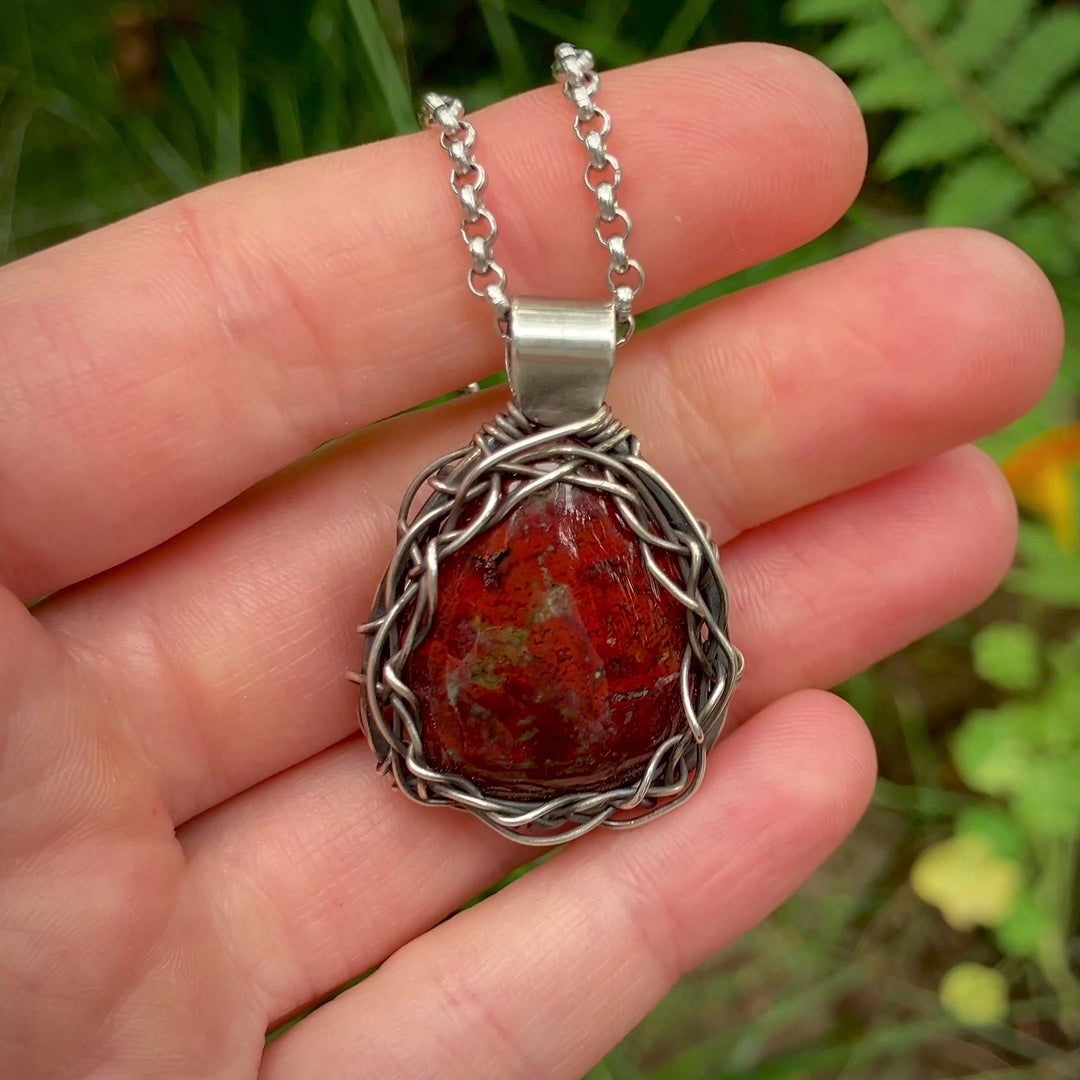 Red Jasper Pendant - Wire Wrapped in Sterling Silver with Custom Chain