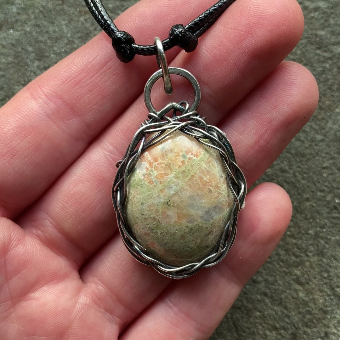 Unakite Sterling Silver Pendant Necklace | Adjustable Cord