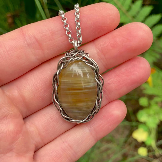 Banded Agate Pendant - Wire Wrapped in Sterling Silver with Custom Chain