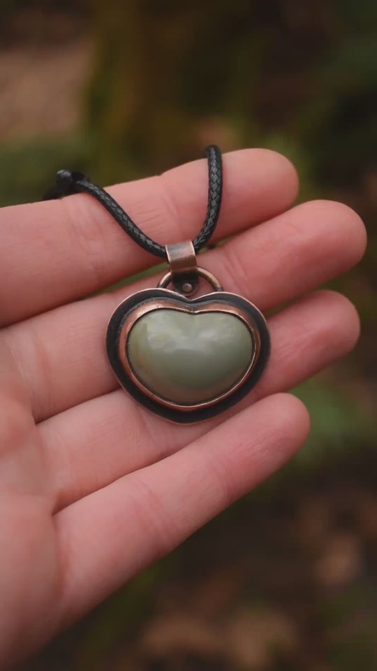 heart pendant necklace made with sage green jasper and pure copper