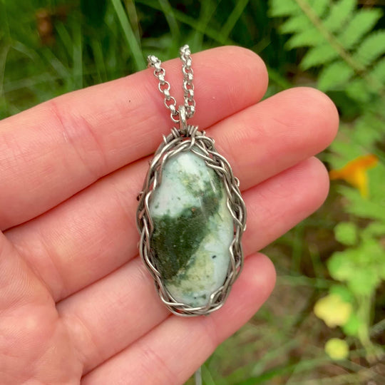 Wire Wrapped Green Jasper Necklace in Sterling Silver with Custom Chain