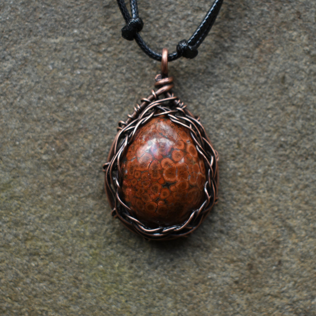 Red Jasper pendant necklace wire wrapped in copper