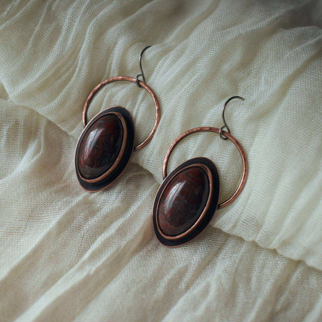 metalsmith earrings handmade with Washington red jasper and pure copper