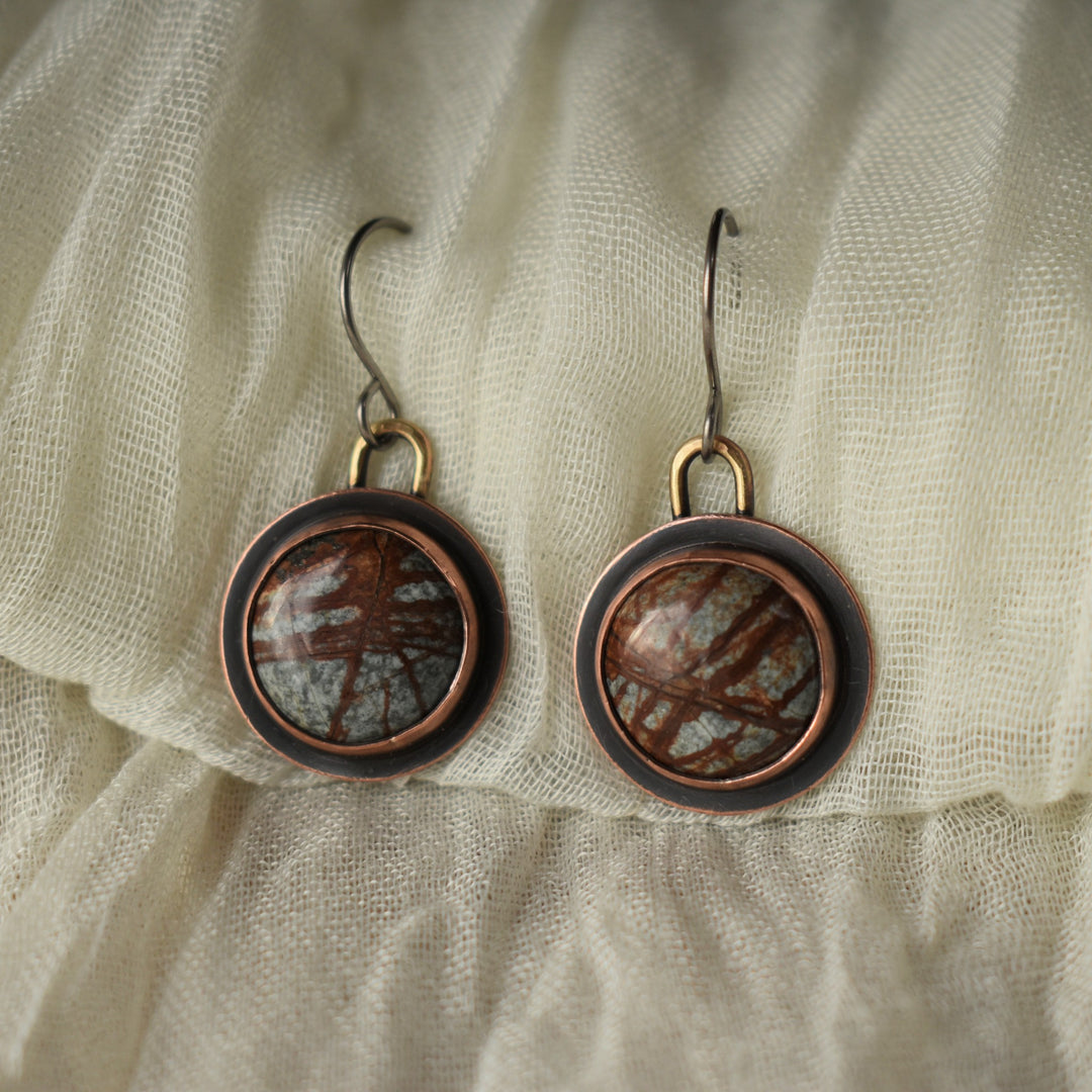 metalsmith earrings handmade with river jasper, copper and brass