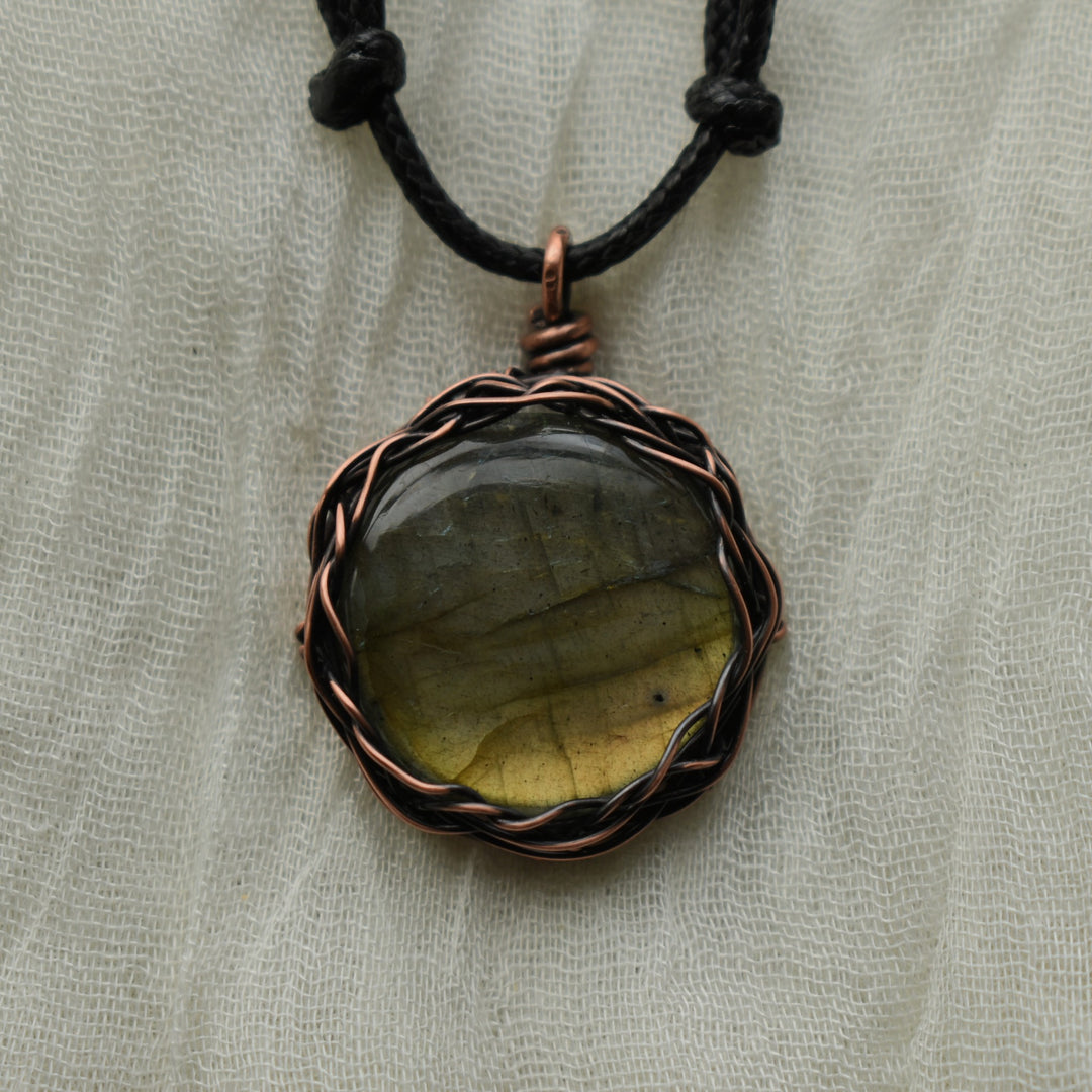round yellow labradorite pendant necklace handmade with copper