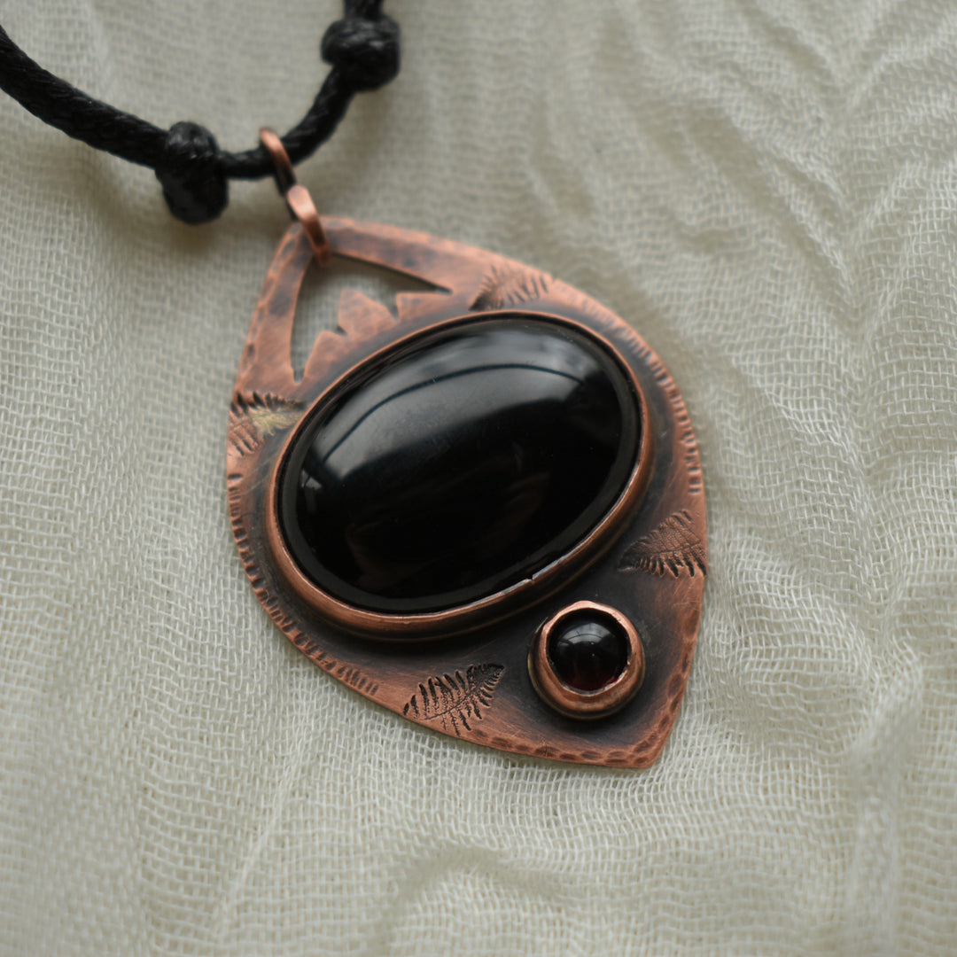 rustic pendant necklace handmade with black onyx and garnet