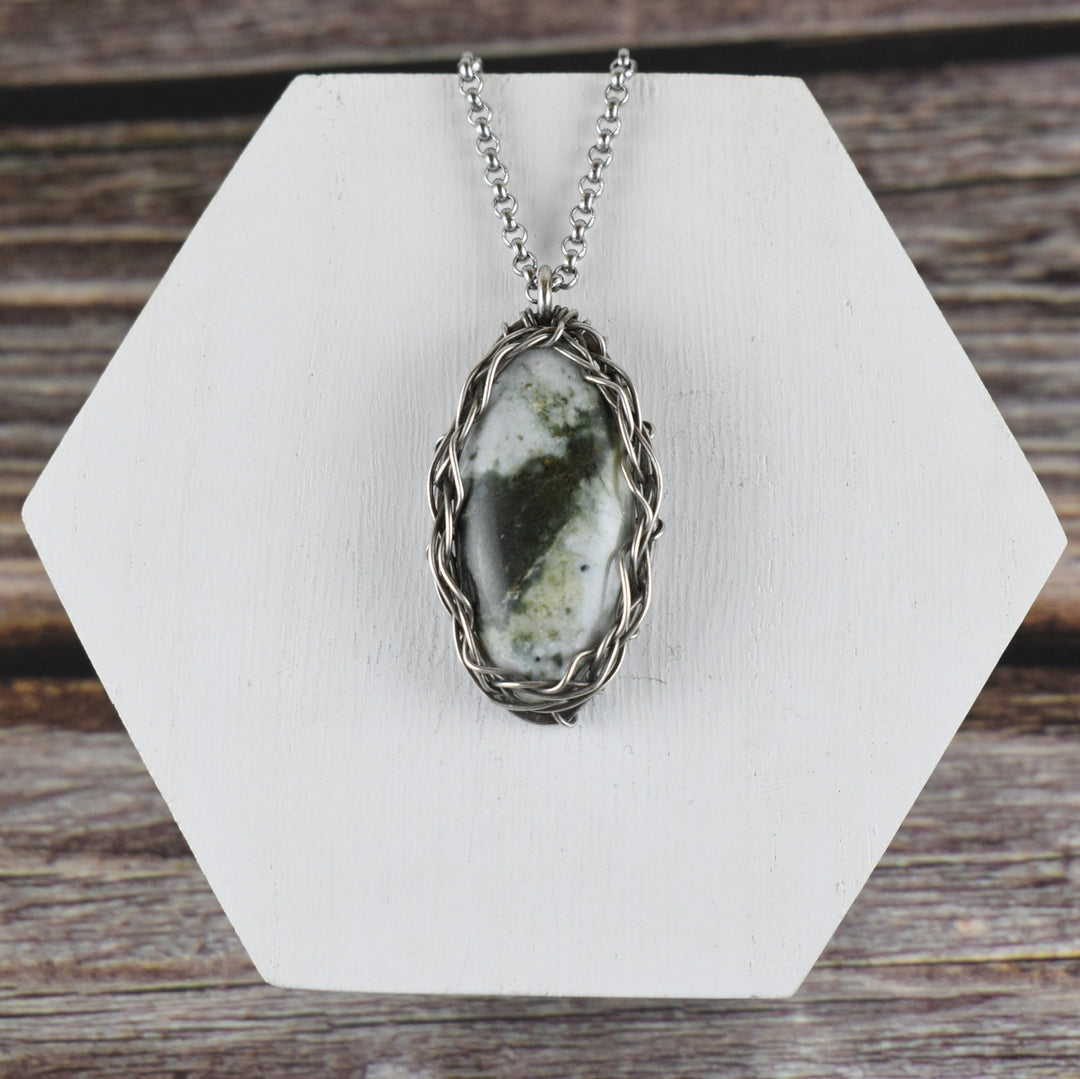 Wire Wrapped green and white Jasper Sterling silver pendant necklace