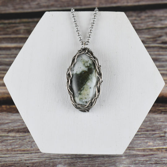 Wire Wrapped green and white Jasper Sterling silver pendant necklace