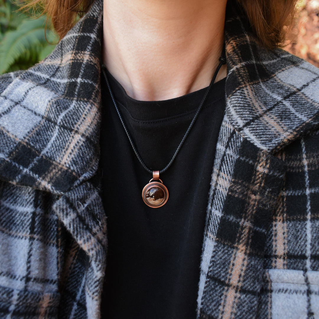 small petrified wood and copper pendant necklace