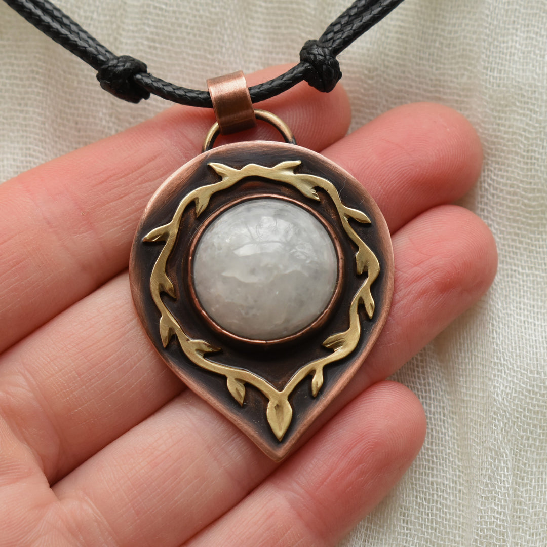 snowy quartz pendant necklace handmade with copper and brass