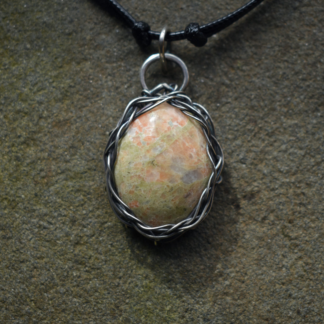 Wire Wrapped Unakite pendant necklace in sterling silver