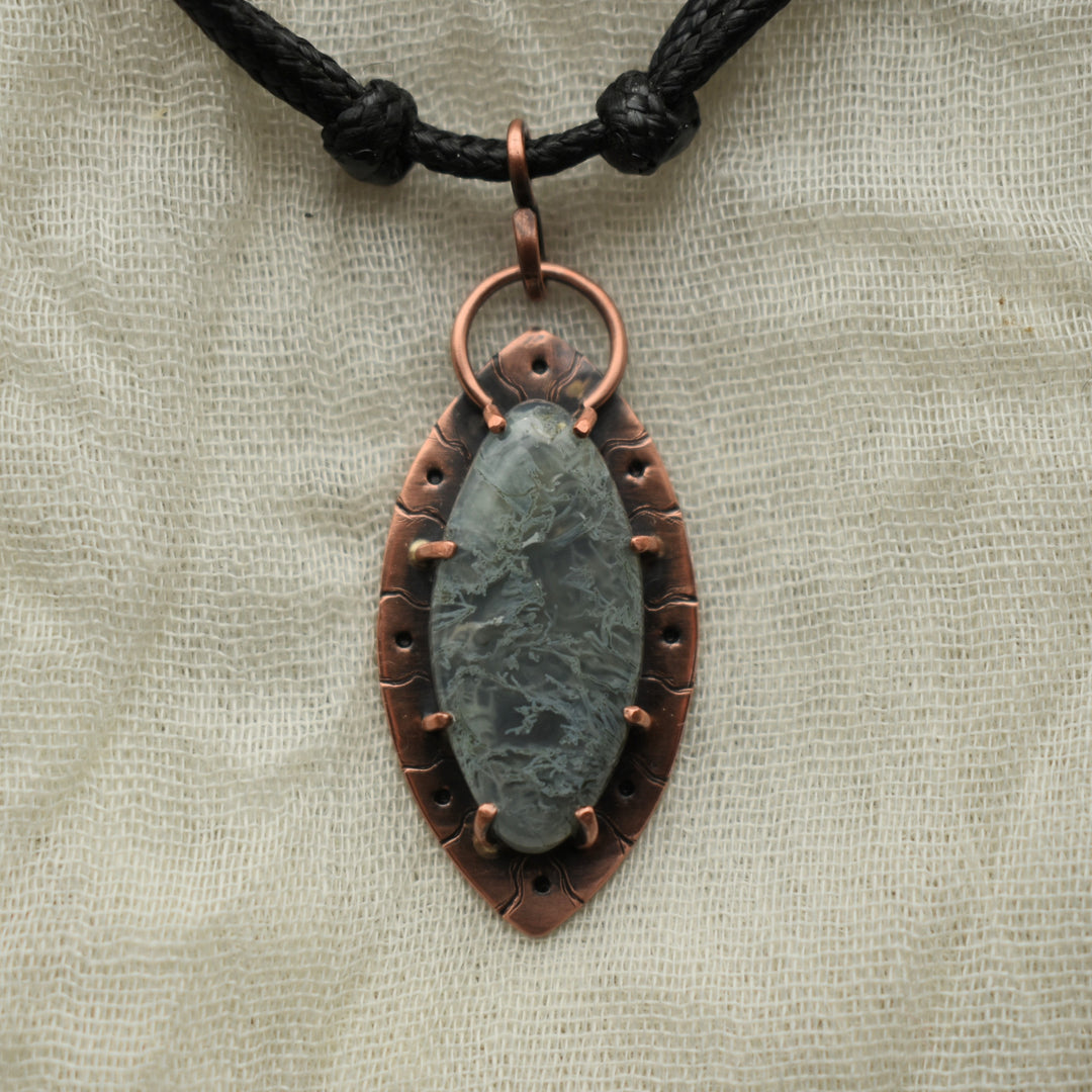 unique pendant necklace made with moss agate and pure copper