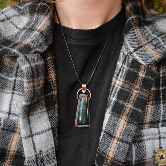 unique pendant necklace handcrafted with moss agate and copper