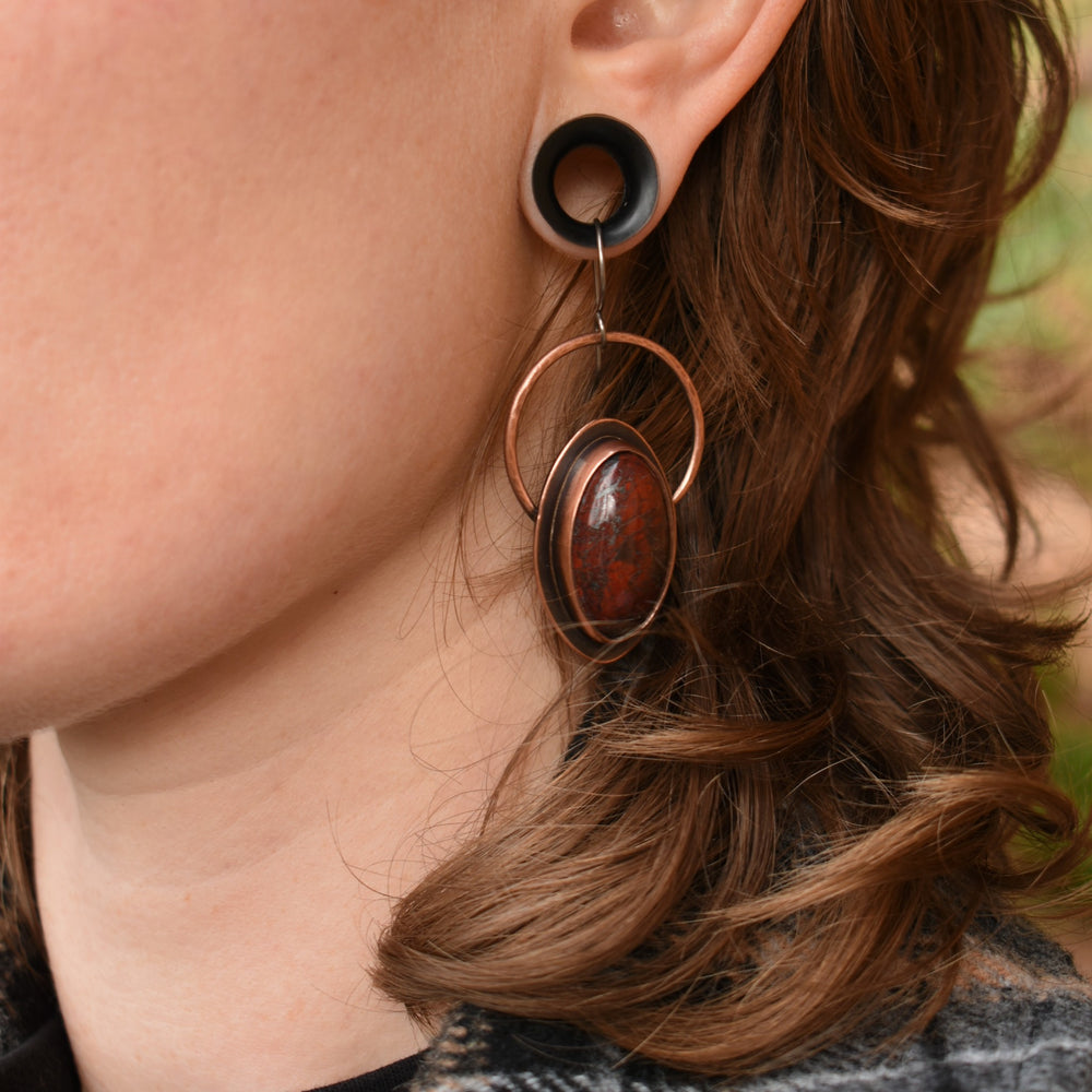unique hoop earrings handcrafted with red jasper and pure copper