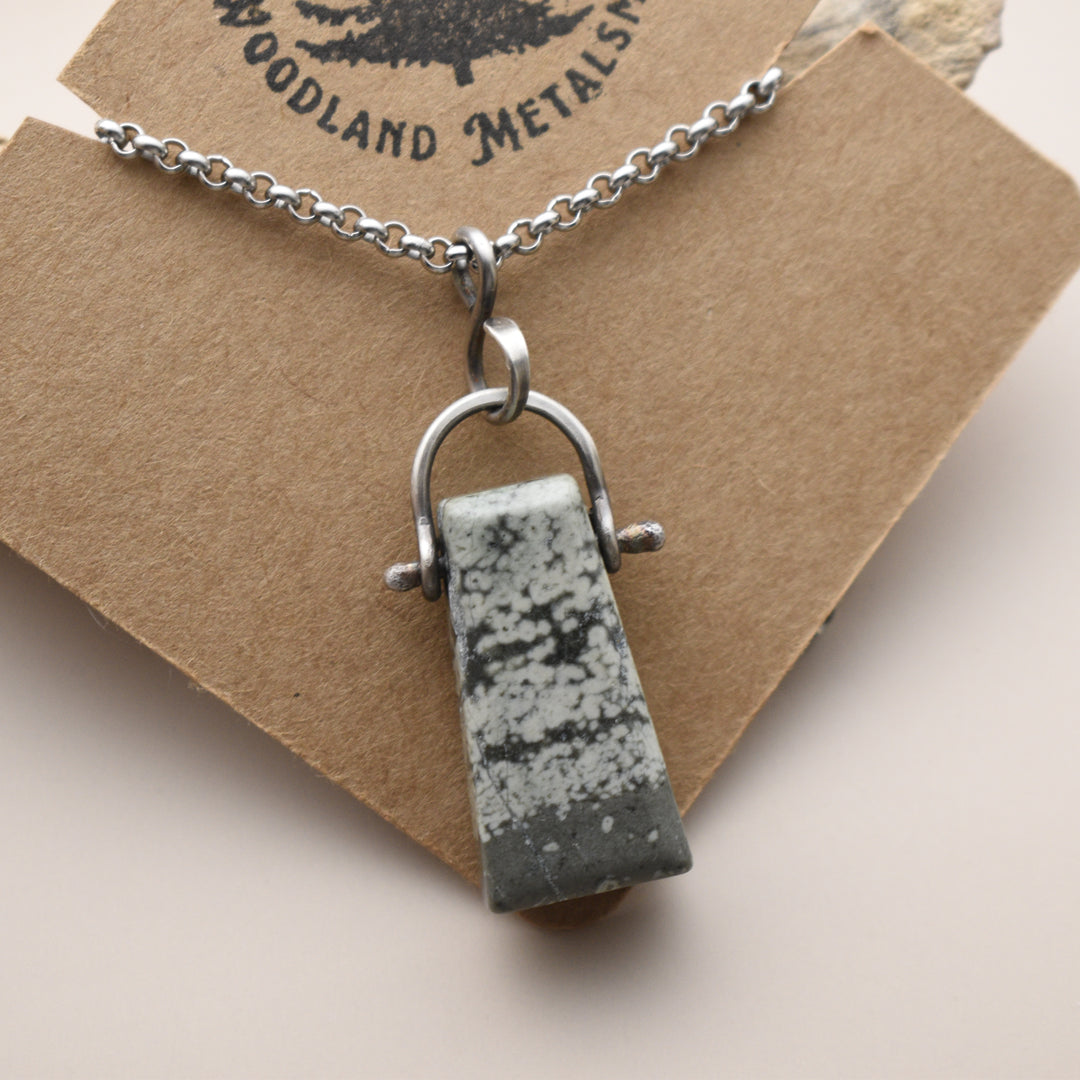 Necklace with a Variolite stone pendant on a Woodland Metalsmith card
