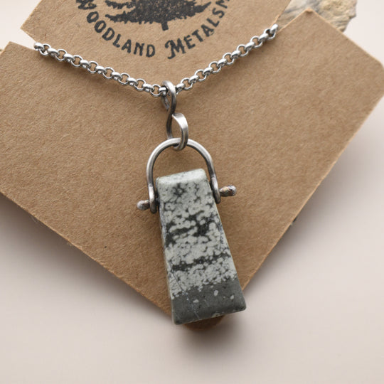 Necklace with a Variolite stone pendant on a Woodland Metalsmith card