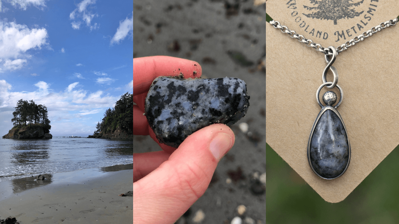 Collage of a beach scene, a hand holding a stone, and a necklace with a pendant.
