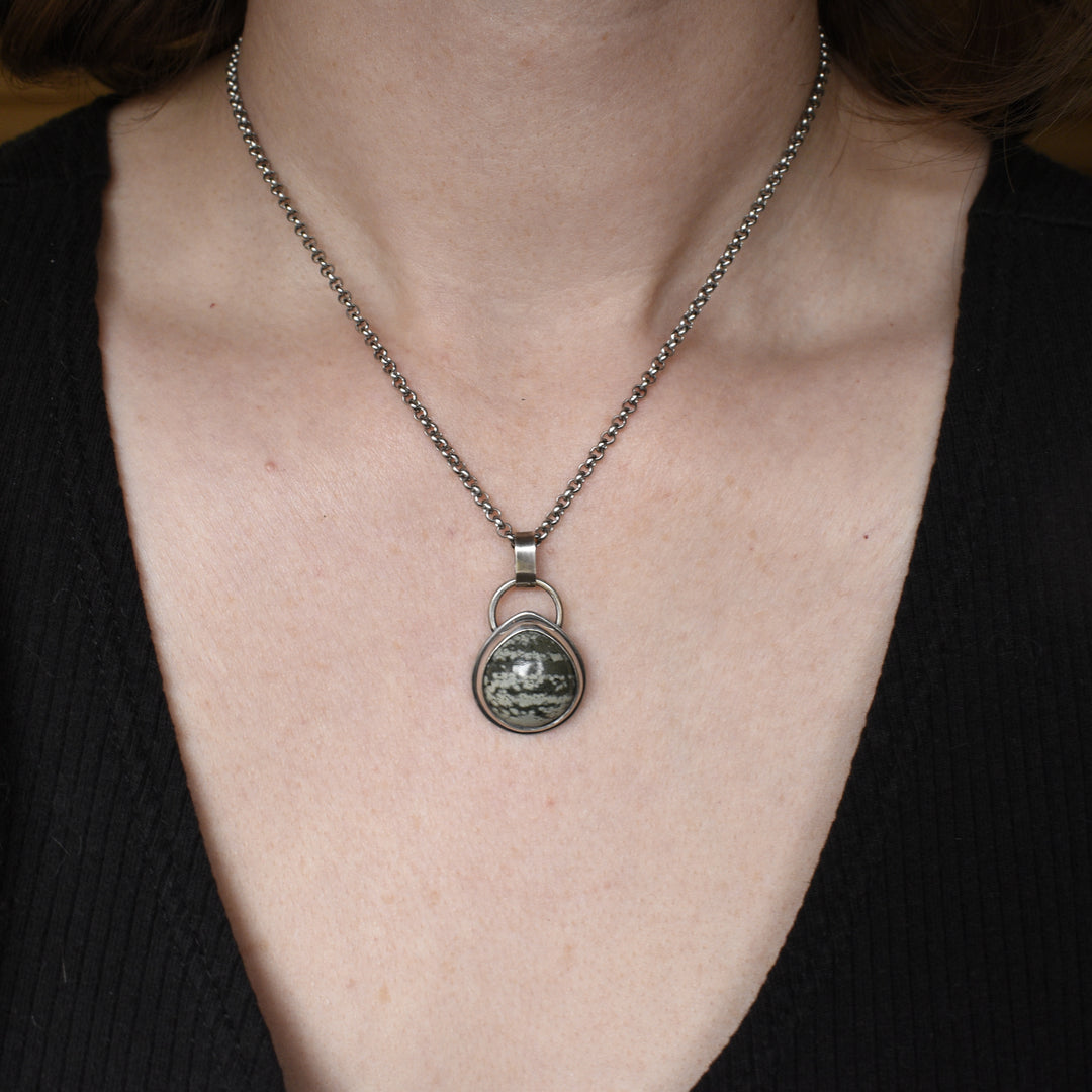 Green Variolite Necklace in Sterling Silver, 16 inch Chain
