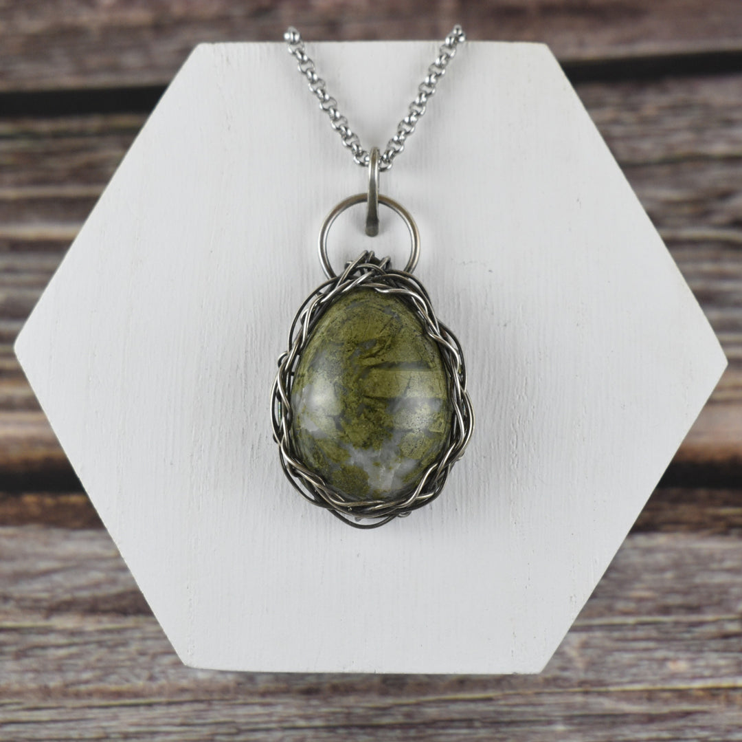 Epidote Necklace Wire Wrapped in Sterling Silver with Custom Chain