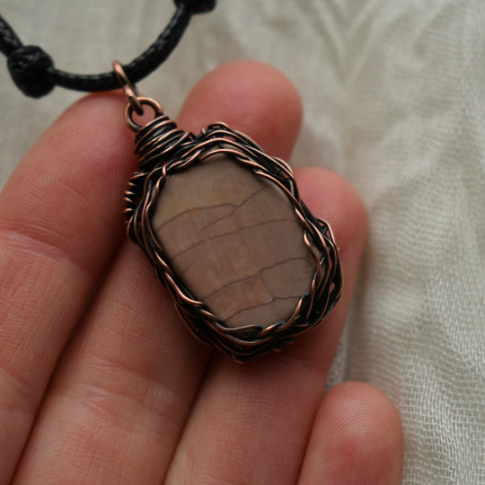 wire wrapped pendant necklace handmade with pink jasper and copper